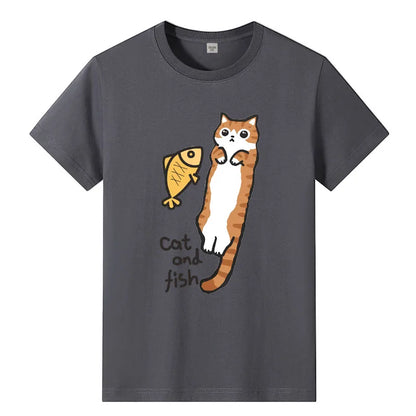 2024 Summer New Men's T-shirt Siam Cat and Fish Pattern Printed Casual Fashion T-shirt