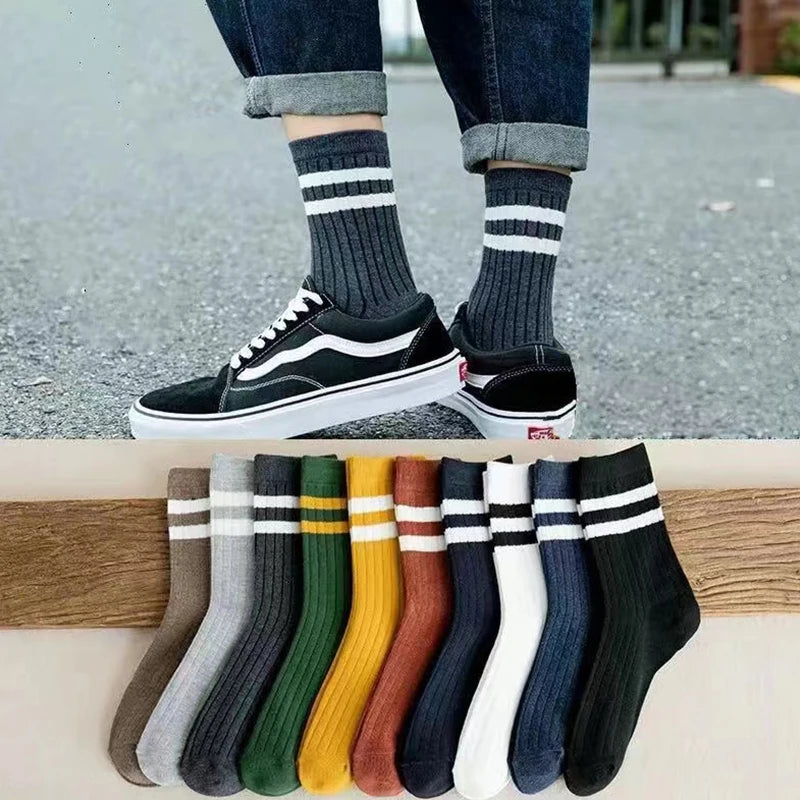 5 Paar neue Herren-Socken, gestreift, lässig, atmungsaktiv, hochwertige Harajuku-Retro-Socken aus 100 % Baumwolle