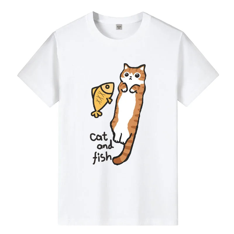 2024 Summer New Men's T-shirt Siam Cat and Fish Pattern Printed Casual Fashion T-shirt