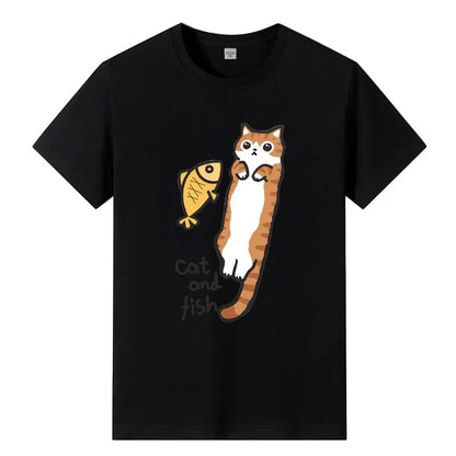 2024 Summer New Men's T-shirt Siam Cat and Fish Pattern Printed Casual Fashion T-shirt